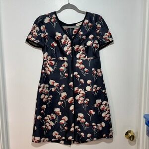 Tory Burch Floral Print Silk Dress Short Sleeve Black Trim Size 0
